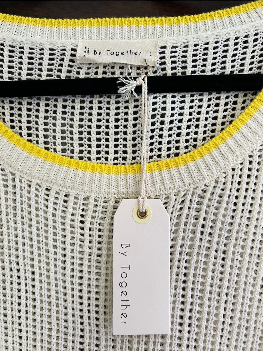 NWT By Together Large Off-White Open-Knit Scoop Neck Top with Yellow Trim - Picture 2 of 6